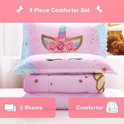 Unicorn Comforter Set Rainbow Soft Girls Unicorn Bedding with 1 Comforter 2 Pillowcases Pink Flower Unicorn Bedding Sets for Teens Girls Queen Size