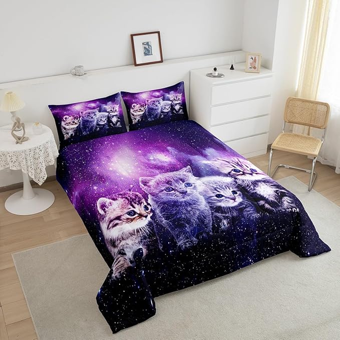 Cat Comforter Cute Pet Cats Pattern Bedding Set Outer Space Kawaii Kitten Comforter Set for Children Kids Boys Girls 3D Animal Theme Galaxy Duvet Set Room Decor Quilt Set Full Size