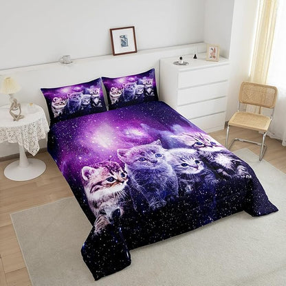 Feelyou Cat Comforter Cute Pet Cats Pattern Bedding Set Outer Space Kawaii Kitten Comforter Set for Children Kids Boys Girls 3D Animal Theme Galaxy Duvet Set Room Decor Quilt Set Twin Size