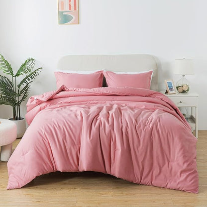 Queen Pink Comforter Set, Blush Women Girls Pink Skin-Friendly Boho Bedding Set & Collections, Breathable Fluffy Microfiber 3 PCS (90"x90") Comforter Set for All Seasons with Pillowcases