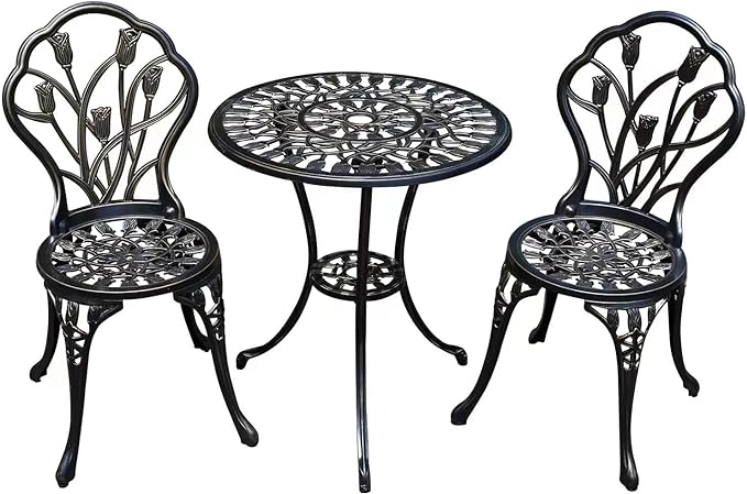 Patio Bistro Set.Rust-Resistant Cast Aluminum Bistro Table Set with Umbrella Hole for Backyard (Tulip Copper)