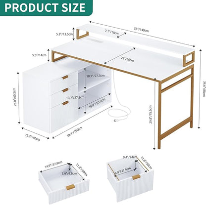YITAHOME L Shaped Desk with Drawers, 55" Corner Computer Desk with Power Outlets & LED Lights, Large L-Shaped Office Desk with File Cabinet, White & Gold