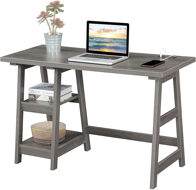 Convenience Concepts Designs2Go Trestle Desk with Charging Station and Shelves, Charcoal Gray