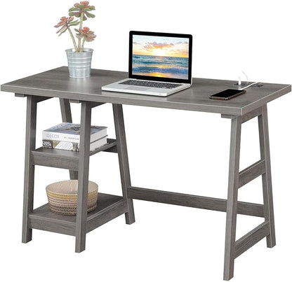 Convenience Concepts Designs2Go Trestle Desk with Charging Station and Shelves, Charcoal Gray