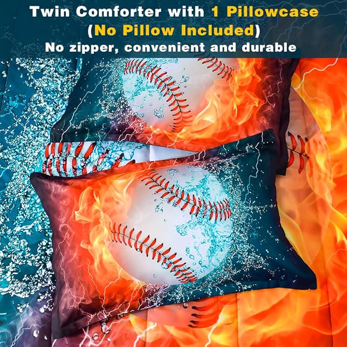 Andency 3D Baseball Comforter Twin(66x90 Inch), 2 Pieces(1 Baseball Comforter, 1 Pillowcase) Sport Microfiber Baseball Comforter Bedding Set for Boy Kids
