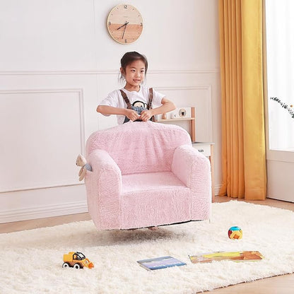 Tiita Toddler Chair Couch, Comfy Fold Out Kids Sofa, Lightweight Children Couch with Carrying Handle & Side Pockets, Kids Foam Armrest Read Sofa for Girl or Boy, Pink