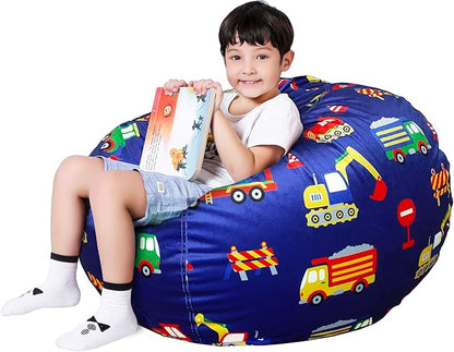 Lukeight Stuffed Animal Storage Bean Bag Chair Cover for Kids, Zipper Beanbag Chair Cover for Organizing Toddler & Kids' Rooms Plush Toys (Excavator Velvet, X-Large)