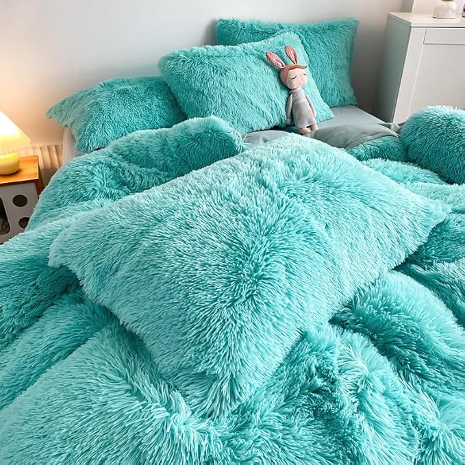 Faux Fur Kids Girls Sky Blue Comforter Sets Queen - 3PC Bed Set Warm Comfortable Soft Plush Flannel Velvet Fluffy Fuzzy Bedding（Comforter x 1 Pillowcases x 2）