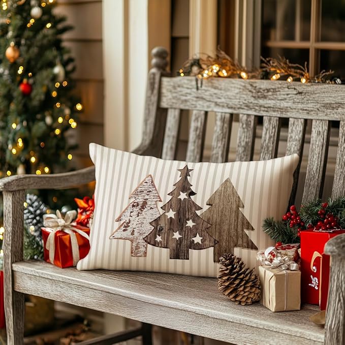GEEORY Christmas Pillow Covers 12 x 20 Set of 4, Striped Wooden Tree Snow Sleigh Merry Bright Xmas Holiday Decor Decorative Throw Cushion Case Decoration for Home Party Sofa Couch (Brown) G399-12