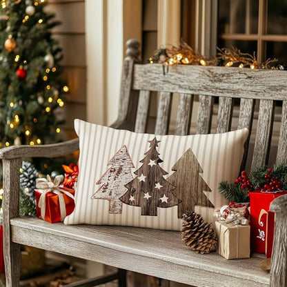 GEEORY Christmas Pillow Covers 12 x 20 Set of 4, Striped Wooden Tree Snow Sleigh Merry Bright Xmas Holiday Decor Decorative Throw Cushion Case Decoration for Home Party Sofa Couch (Brown) G399-12