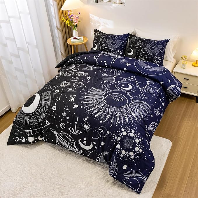 Holawakaka Stars Moon Constellation Print Comforter Set Twin Size Girls Boys Witchy Astrology Zodiac Celestial Bedding Set (Navy Blue,Twin)