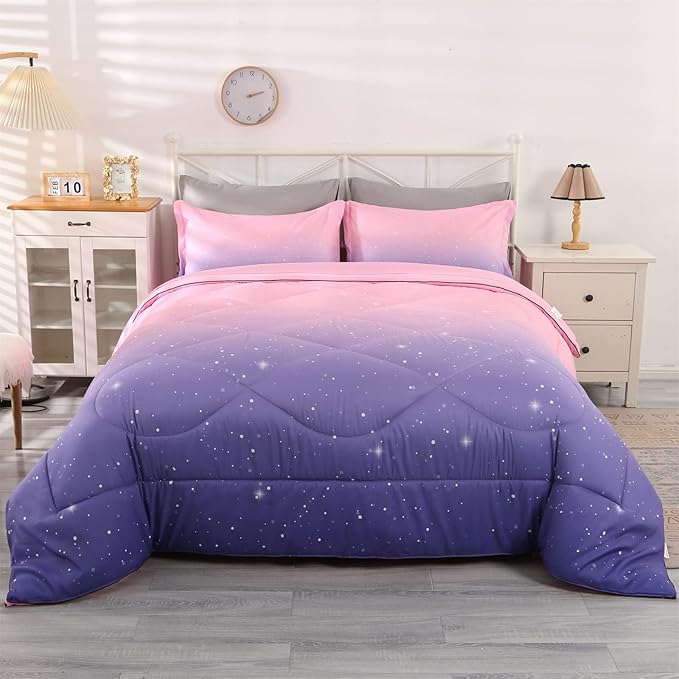 Wowelife Glitter Comforter Set Pink Queen 5 Pieces Galaxy Bedding Set Purple Kids Bedding Set Rainbow Bed in a Bag for Boys and Girls with Comforter, Flat Sheet, Fitted Sheet and 2 Pillowcases