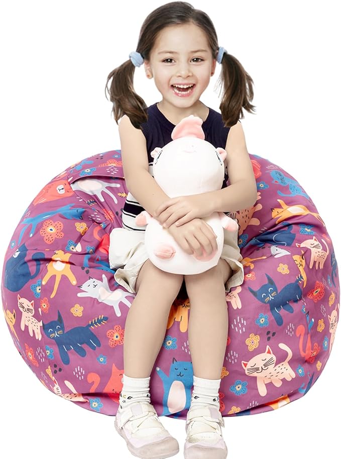 Stuffed Animal Storage Bean Bag Chair Cover, Hold Kids Plush Toys Blankets Towels Beanbag (Cover Only), Canvas Floor Circle Stuff Sit Seat Sofa with YKK Zipper, Large 32", Cat