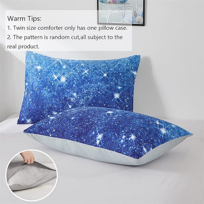 Blue Glitter Comforter Set Twin Size for Boys Girls, Sparkle Galaxy Twinkle Starlight Comforter for Kids Teen, 2 Piece Aqua Blue Navy Ombre Bedding Set with 1 Pillow Case(Blue,Twin)