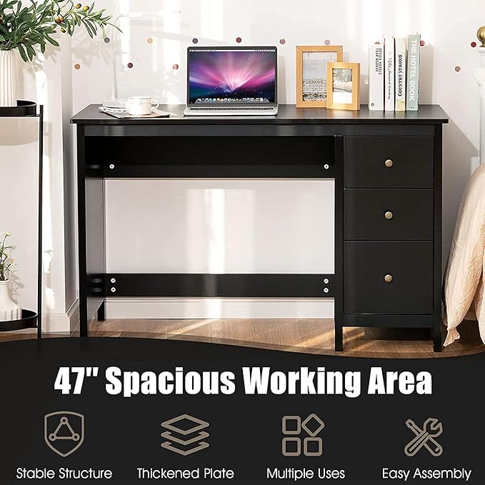 3-Drawer Computer Desk, Black