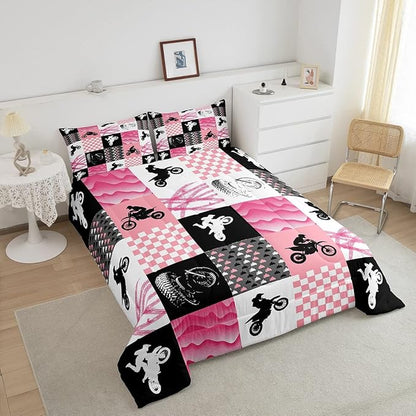 Motocross Comforter Set, Dirt Bike Bedding Sets & Collections Full, Motorcycle Rider Down Comforter For Kids Boys Girls, Motorbike Extreme Sport Game Comforter Set, Buffalo Plaid, Pink Grey Black