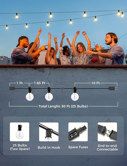 XMCOSY+ Outdoor String Lights 50Ft Dimmable G40 Globe Patio Lights with 25+2 Shatterproof LED Bulbs, Hanging Waterproof Outdoor Lights for Patio, Porch, Yard, Bistro, Café, Outside