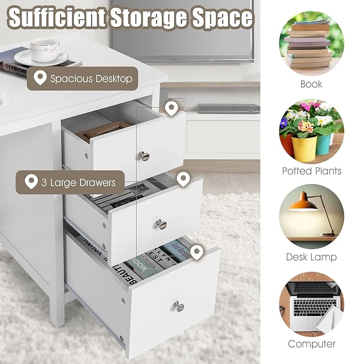 3-Drawer Computer Desk, White