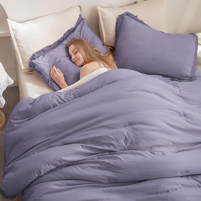 Andency Grayish Lavender Purple Comforter Set Queen, Boho Tassel Lightweight Bedding Comforter Sets, 3 Pieces All Season Soft Fluffy Fringe Bed Set (90x90In Comforter & 2 Pillowcases)