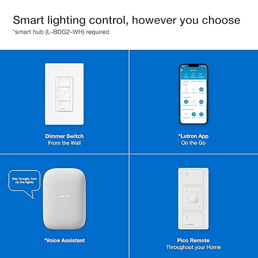 Lutron Caseta 3 Way Smart Dimmer Switch Kit, w/ Wireless 3 way Pico Remote and Bracket, Light Switch for LED Lights, No Neutral Required, P-PKG1WB-WH