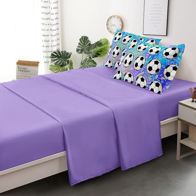 4 Piece Girls Soccer Bedding Set Twin Size Colorful Soccer Comforter Set for Teen Girls Kids Twin Bed in a Bag Set with Sheets Twin Bed Sets for Teenage