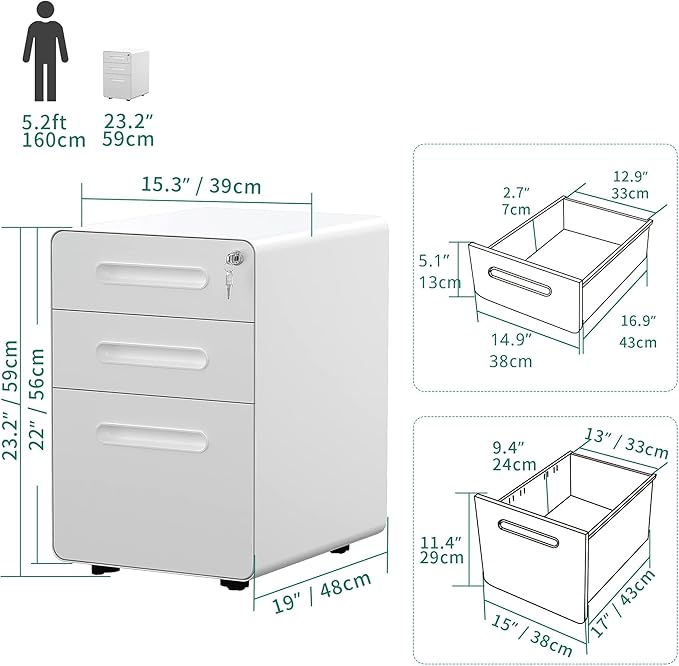 YITAHOME 3-Drawer Metal Mobile File Cabinet, Rolling Filing Cabinet with Lock, Filing Cabinet Under Desk fits Legal/A4 Size for Home/Office, Fully Assembled,White