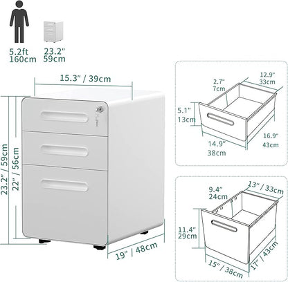 YITAHOME 3-Drawer Metal Mobile File Cabinet, Rolling Filing Cabinet with Lock, Filing Cabinet Under Desk fits Legal/A4 Size for Home/Office, Fully Assembled,White