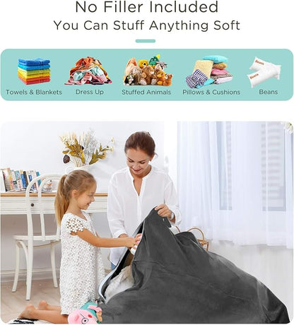 Aubliss Stuffed Animal Storage Bean Bag Chairs Cover, 50"x 35" Extra Large Velvet Bean Bags Chair for Kids & Adults, Ultra Soft Zipper Beanbag Toy Storage for Boys Girls - Darkgrey