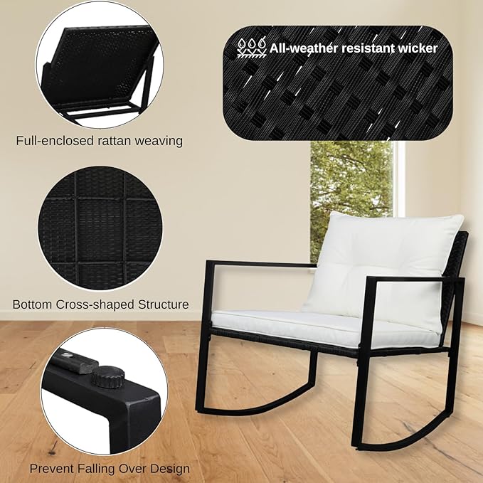 Outvita 3-Piece Rocking Bistro Set, Outdoor Wicker Patio Furniture Set with Glass Coffee Table Perfect for Outdoor Porch, Balcony and Garden (White)