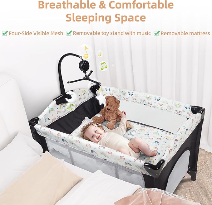 Kinder King 4 in 1 Portable Nursery Center, Foldable Baby Bedside Crib w/Bassinet, Infant Pack n Play Playard Toddler Large Playpen, Newborn Changing Table, Storage Basket, Side Zipper,Multicolour