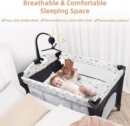 Kinder King 4 in 1 Portable Nursery Center, Foldable Baby Bedside Crib w/Bassinet, Infant Pack n Play Playard Toddler Large Playpen, Newborn Changing Table, Storage Basket, Side Zipper,Multicolour