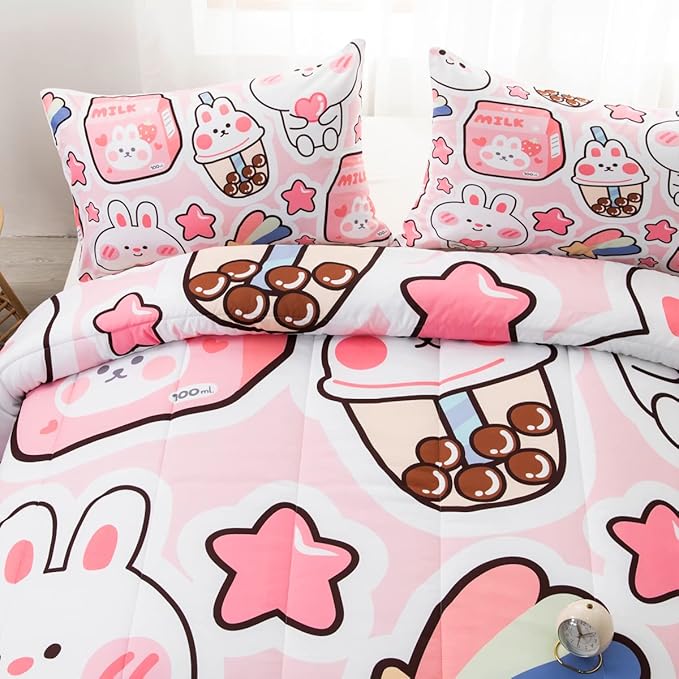 CVHOUSE Kawaii Bedding Full Size,Kawaii Rabbit Bedding Set for Girls Kids,Cute Rabbit Comforter Set Kawaii Rabbit Duvet Set Rabbit Pattren Quilt Set Girls Room Decor 3 Pieces