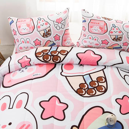 CVHOUSE Kawaii Bedding Queen Size,Kawaii Rabbit Bedding Set for Girls Kids,Cute Rabbit Comforter Set Kawaii Rabbit Duvet Set Rabbit Pattren Quilt Set Girls Room Decor 3 Pieces