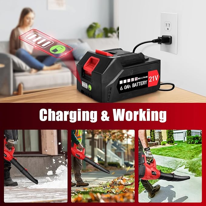 21V Electric Leaf Blower Cordless, 6000mAh 2 Battery Powered Leaf Blower 6-Speed Variable Control, Rechargeable Blowers Cordless for Lawn Care 2 Section Tubes, Charger, Shoudler Strap