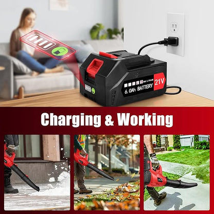 21V Electric Leaf Blower Cordless, 6000mAh 2 Battery Powered Leaf Blower 6-Speed Variable Control, Rechargeable Blowers Cordless for Lawn Care 2 Section Tubes, Charger, Shoudler Strap