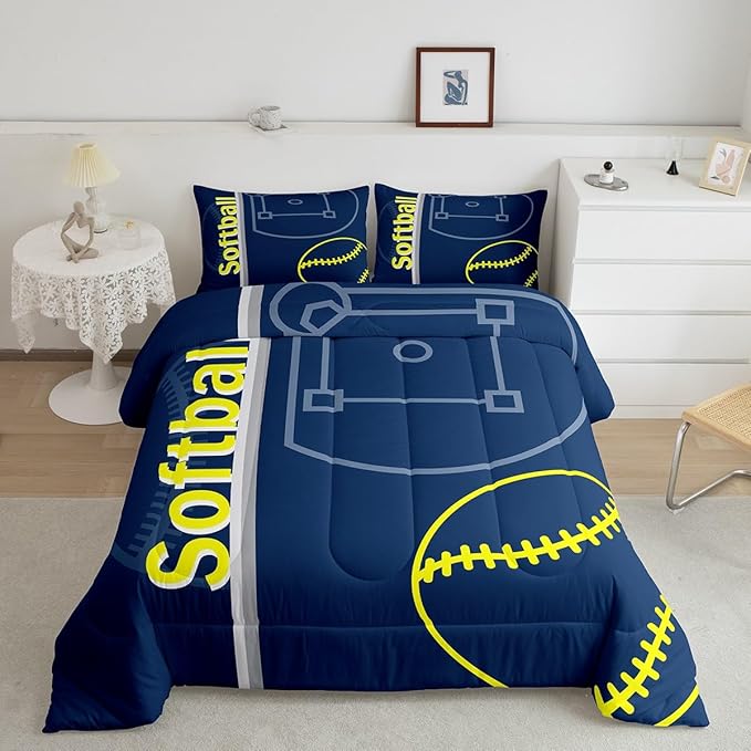Feelyou Kids Softball Comforter Set Queen Size Sports Game Bedding Set for Boys Girls Teens Bedroom Decor Baseball Comforter Women Men Softball Gaming Duvet Set with 2 Pillow Case