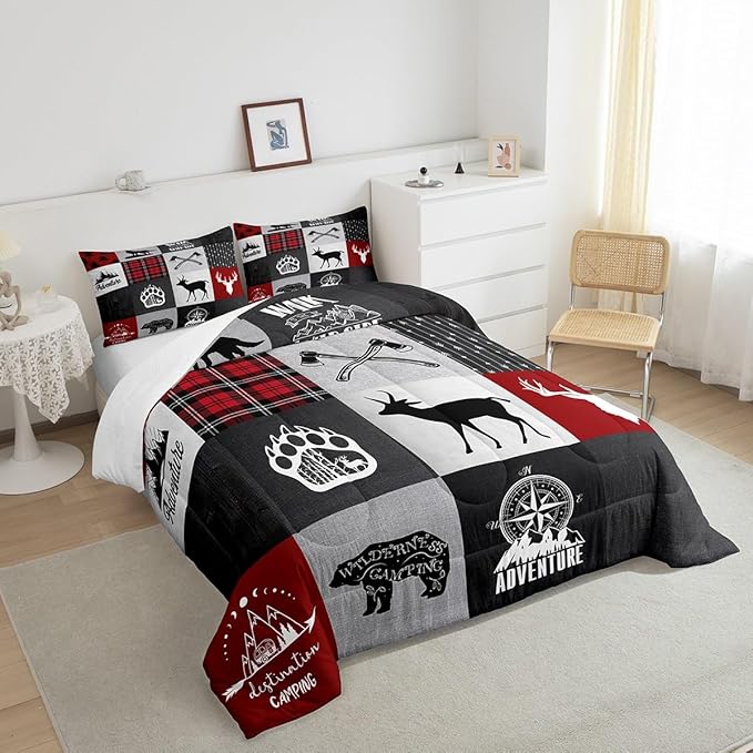 Deer Antler Bear Kids Comforter Set Twin Size,Plaids Boho Arrows Patchwork Bedding Set for Boys Girls Adults Room Decor,Rustic Adventure Camper Down Comforter,Red Xmas Duvet Insert,1 Pillowcase