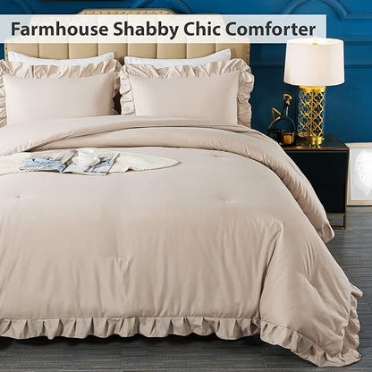 Andency Khaki Queen Comforter Set, 3 Pieces Farmhouse Shabby Chic Bedding Set for Queen Bed, All Season Soft Lightweight Microfiber Bed Set for Men Women
