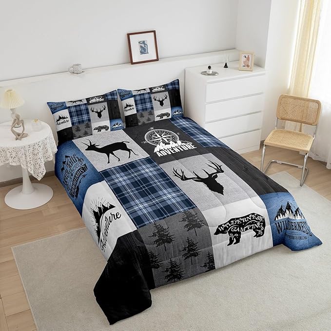 Deer Antler Bear Kids Comforter Set King Size,Hunting Adventure Bedding Set for Boys Girls Adults Room Decor,Geometric Plaids Patchwork Down Comforter,Rustic Farmhouse Duvet Insert,2 Pillowcases