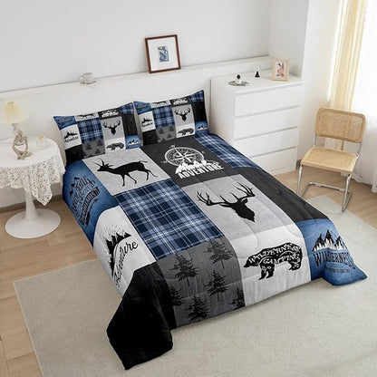 Deer Antler Bear Kids Comforter Set Full Size,Hunting Adventure Bedding Set for Boys Girls Adults Room Decor,Geometric Plaids Patchwork Down Comforter,Rustic Farmhouse Duvet Insert,2 Pillowcases