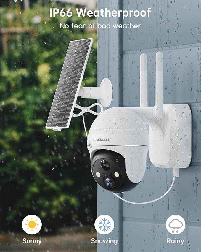 ZUMIMALL Solar Security Cameras Wireless Outdoor, 360° View Outdoor Camera Wireless Solar Powered,2.4G WiFi，2K/3MP Color Night Vision,2-Way Talk, PIR Motion Alert, Cloud Storage, Work with Alexa
