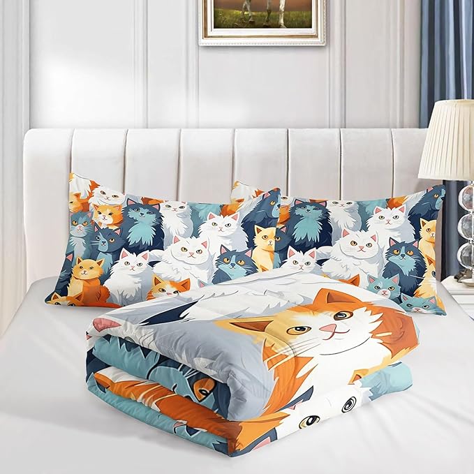 Datura home Kids Comforter Set Cute Cats Printed Pattern Bedding Set with 1 Comforter and 2 Pillowcases for Girls Boys Bedroom All Season(Cat Queen)