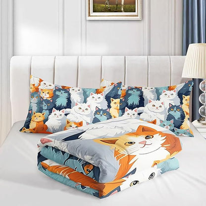 Datura home Kids Comforter Set Cute Cats Printed Pattern Bedding Set with 1 Comforter and 2 Pillowcases for Girls Boys Bedroom All Season(Cat Full)