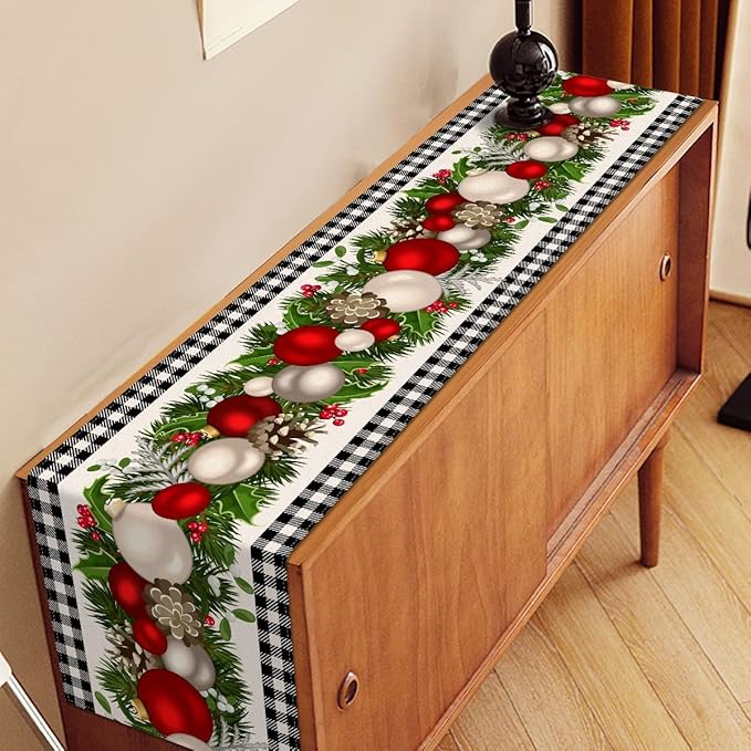 Nepnuser Black and White Gingham Christmas Table Runner 108 Inches Long Buffalo Check Plaid Xmas Decoration Holiday Home Kitchen Decor
