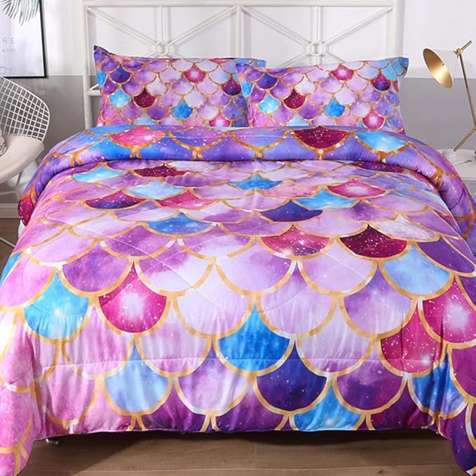 ENCOFT Girls Comforter Sets Full Size, Pink and Purple 3D Mermaid Scale Comforter Set 3 Pieces with Pillow Shams, No Sheet, Full Size Kids Bedding Set, Girls Bedroom Decor