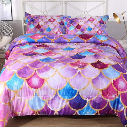 ENCOFT Girls Comforter Sets Full Size, Pink and Purple 3D Mermaid Scale Comforter Set 3 Pieces with Pillow Shams, No Sheet, Full Size Kids Bedding Set, Girls Bedroom Decor
