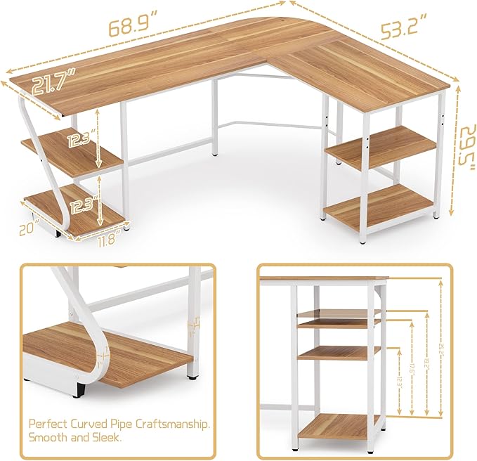 L Shaped Desk Reversible, Corner Computer L Desk with Storage Shelves, Modern Gaming Desk Workstation for Home Office, Walnut