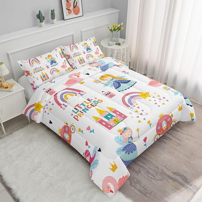 Datura home Girls Bedding Comforter Set Little Princess and Rainbow Castle Printed Pattern Quilt with 1 2 Pillowcases for Bedroom All Season(Princess Queen), Queen 90x90inches