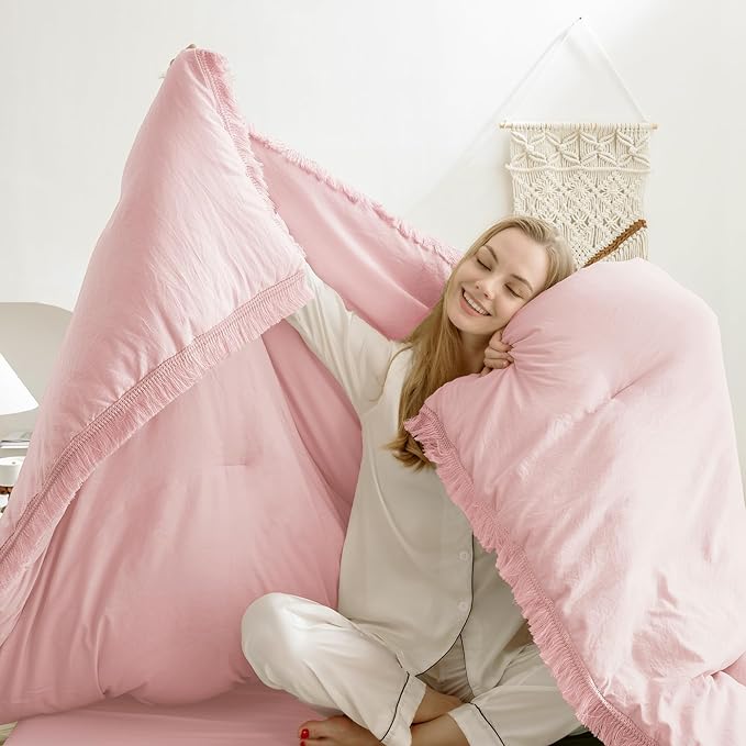 Andency Pink Comforter Set King Size for Girls, Boho Women Tassel Lightweight Bedding Comforter Sets, 3 Pieces All Season Soft Fluffy Fringe Bed Set (104x90In Comforter & 2 Pillowcases)