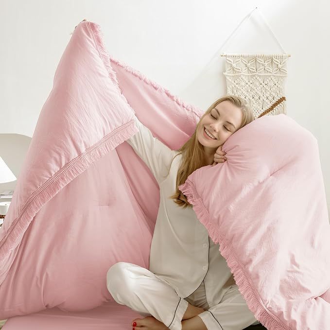 Andency Pink Comforter Set California King for Girls, Boho Women Tassel Lightweight Bedding Comforter Sets, 3 Pieces All Season Soft Fluffy Fringe Bed Set (104x96In Comforter & 2 Pillowcases)